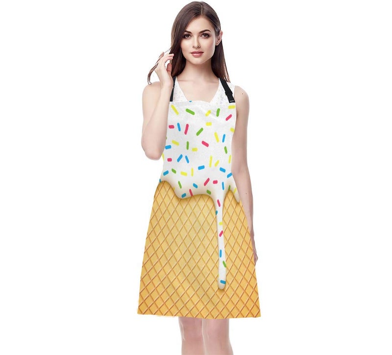 WONDERTIFY Ice Cream Apron,Cartoon Ice Cream Cone with Dripping White Glaze and Wafer Texture Bib Apron with Adjustable Neck for Men Women,Suitable for Home Kitchen Cooking Waitress Chef Grill Apron - Image 5